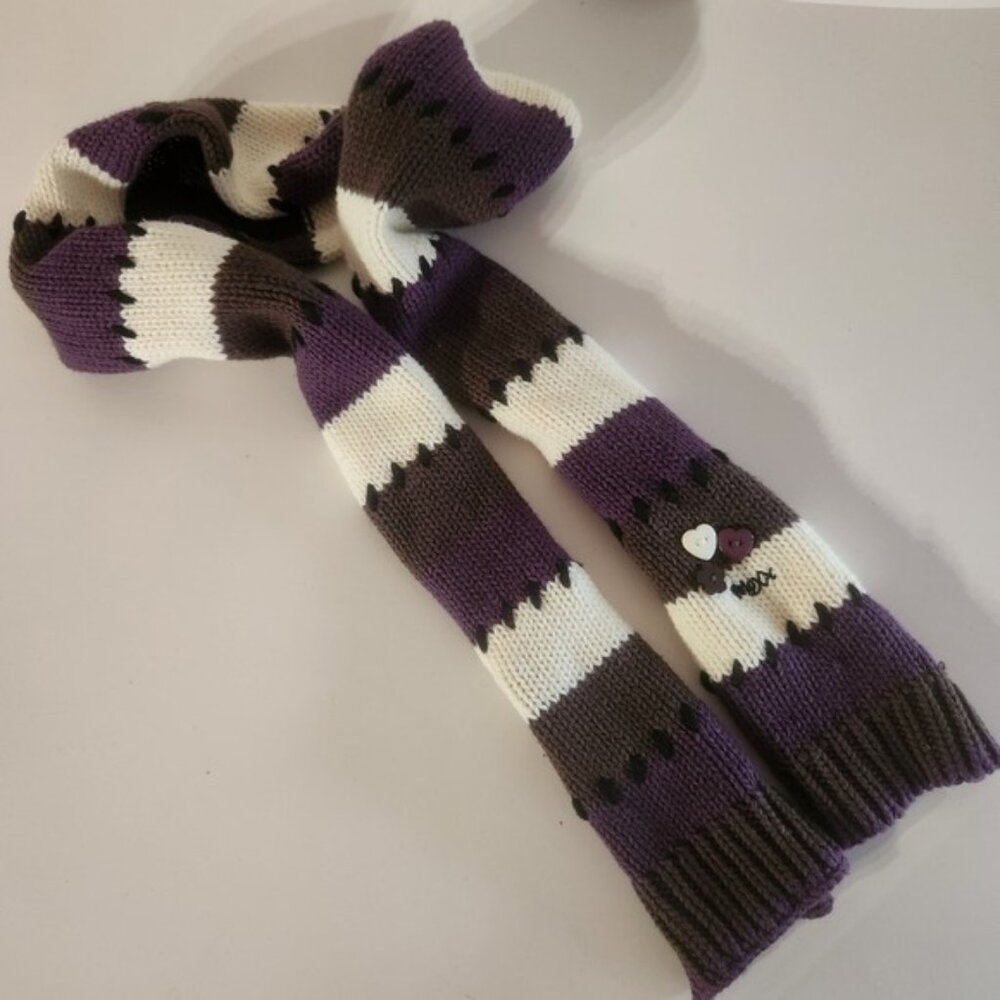Kids Knit Scarf Purple White Brown Heart Button Dot Accent